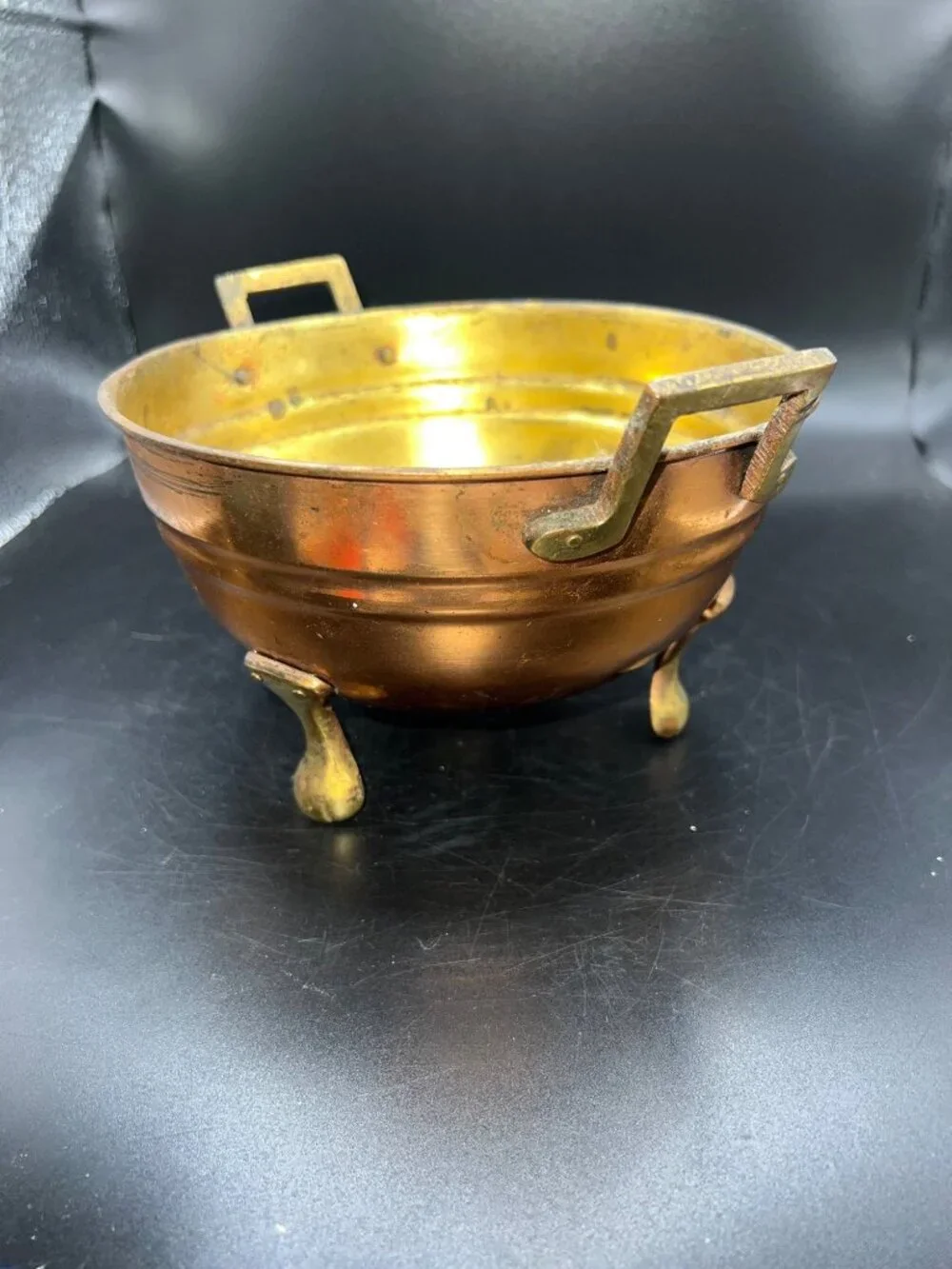 Vintage Copper & Brass Colander Bowl Handles Three Feet Rustic Perforated Patina